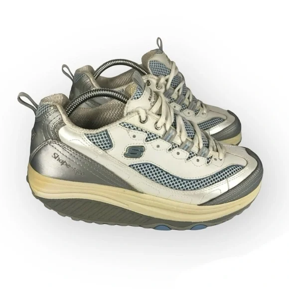 Skechers Shape-Ups Leather Walking Fitness Shoes Silver Blue Off-White Gray - Picture 11 of 13